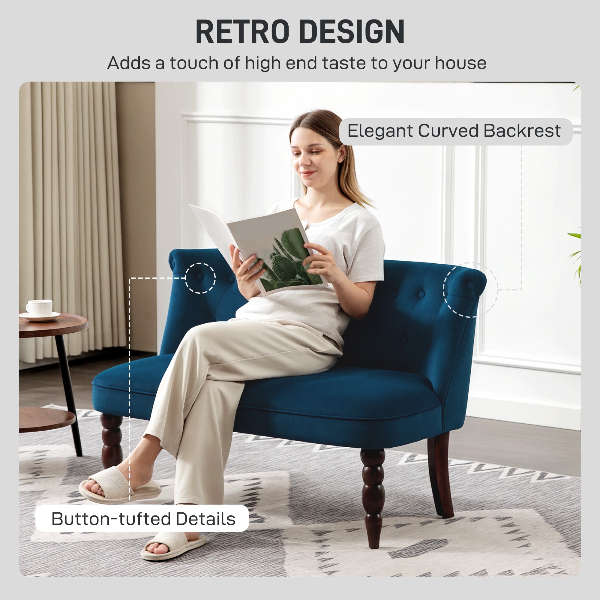 Fynco - Velvet 2 Seater Sofa, Button Tufted Wingback Loveseat with Rubber Wood Legs for Living Room, Bedroom, Dark Blue