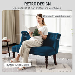 Fynco - Velvet 2 Seater Sofa, Button Tufted Wingback Loveseat with Rubber Wood Legs for Living Room, Bedroom, Dark Blue