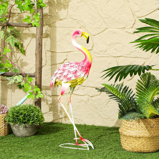 Flamingo Garden Statue Ornament, Metal Bird Art Outdoor Statue, Standing Garden Sculpture Gift with Ground Stakes for Pond Landscape Decoration, Pink