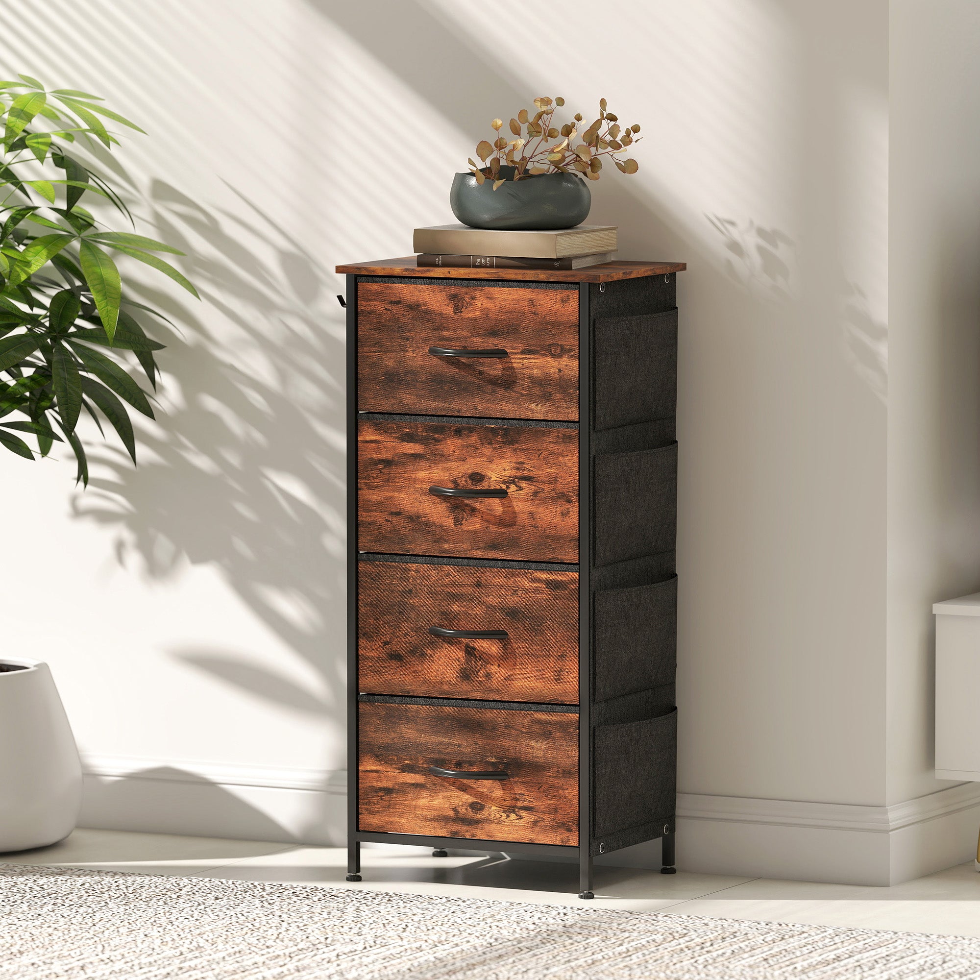 Chest of Four Fabric Drawers - Rustic Brown