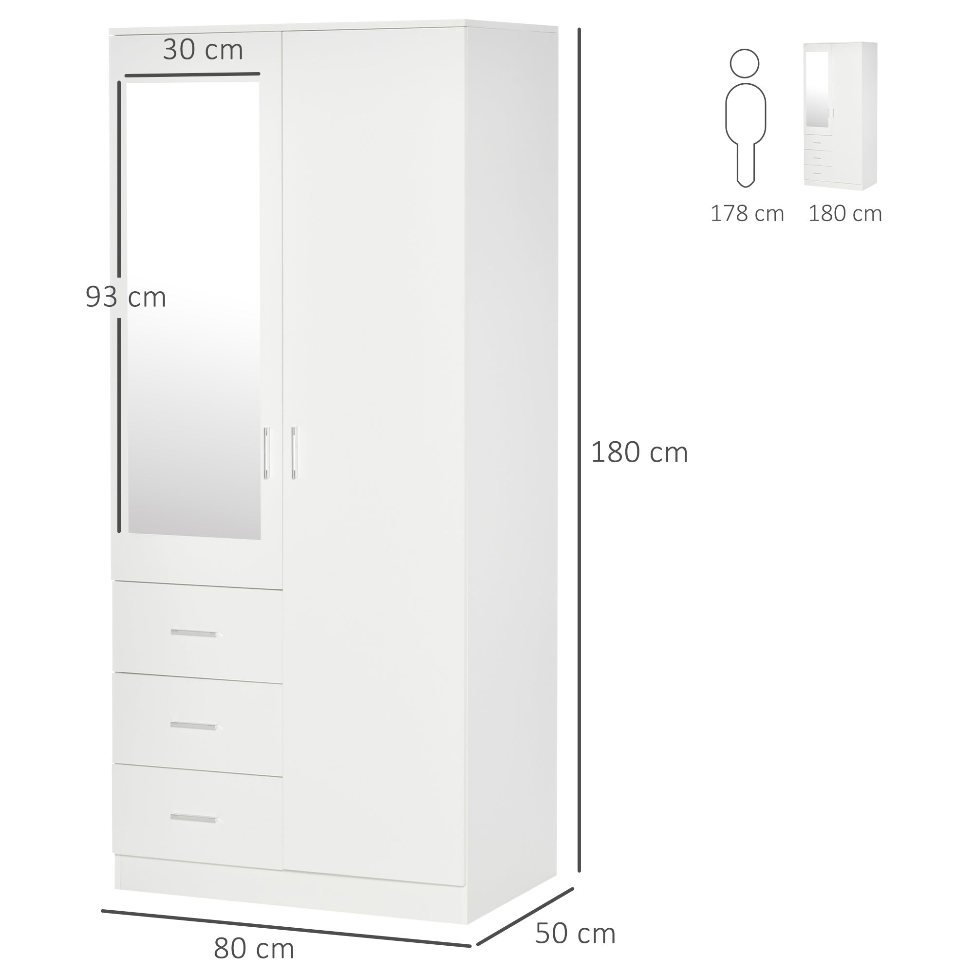 2 Door 3 Drawer Mirrored Wardrobe with Hanging Rail, Modern Clothes Storage Cupboard with Mirror, Drawers and Adjustable Shelves for Bedroom, 80 x 50 x 180 cm, White