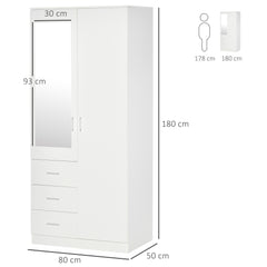 2 Door 3 Drawer Mirrored Wardrobe with Hanging Rail, Modern Clothes Storage Cupboard with Mirror, Drawers and Adjustable Shelves for Bedroom, 80 x 50 x 180 cm, White