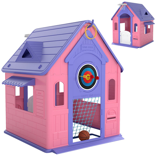 AIYAPLAY 5-in-1 Playhouse for Kids Outdoor Indoor with Basketball Hoop, Football Goal, Dartboard, Ring Toss for 2-5 Years, Pink