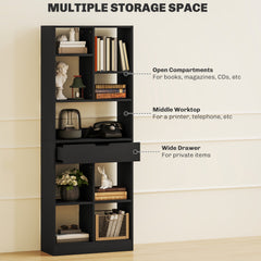Fynco - Tall Bookshelf with Drawer, Freestanding Bookcase for Bedroom, Living Room, Home Office, Black