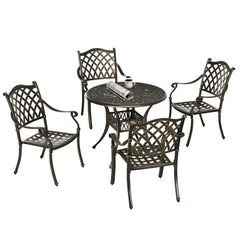 5-Piece Outdoor Furniture Dining Set, Cast Aluminum Conversation Set Includes 4 Chairs and Φ90cm Round Table with Φ50mm Umbrella Hole for Patio Garden Deck, Flower Design