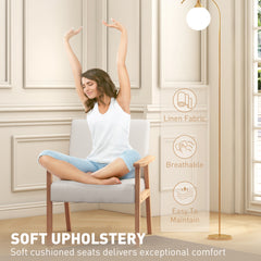 Accent Chair Wood Frame with Thick Linen Cushions Wide Seat Armchair Home Furniture Bedroom Office Cream White