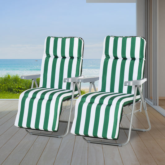 Fynco 2 Pieces Outdoor Sun Lounger Set with Cushions, Patio Folding 5-Level   Adjustable Backrest Recliner Chairs Set of 2 with High Backrest and Armrests, Green & White