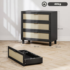 Rattan Bedroom Chest of Drawers, 3 Drawers Storage Unit, Boho Dresser for Living Room, Hallway, Black