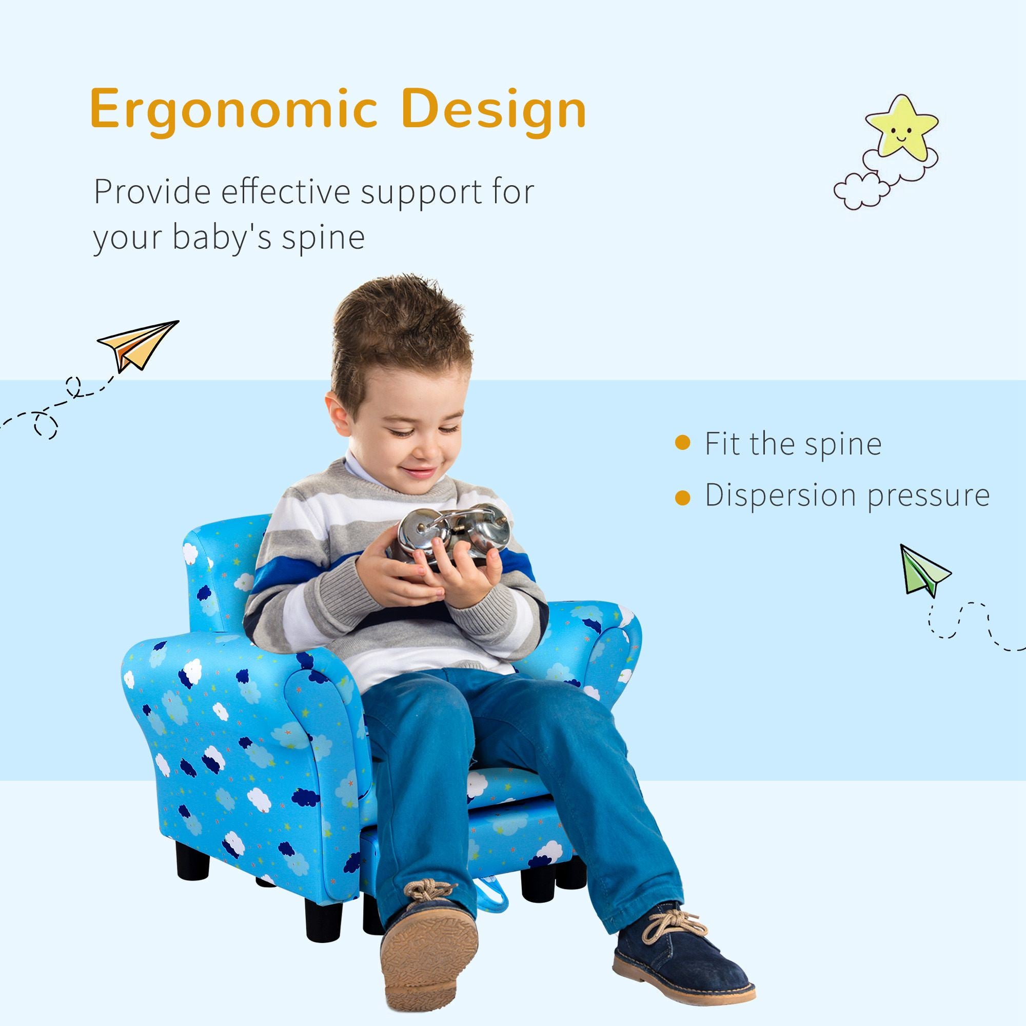 Toddler Chair Children's Armchairs Wood Frame w/ Footrest Anti-Slip Legs High Back Arms for Bedroom Playroom Cute Cloud Star Blue