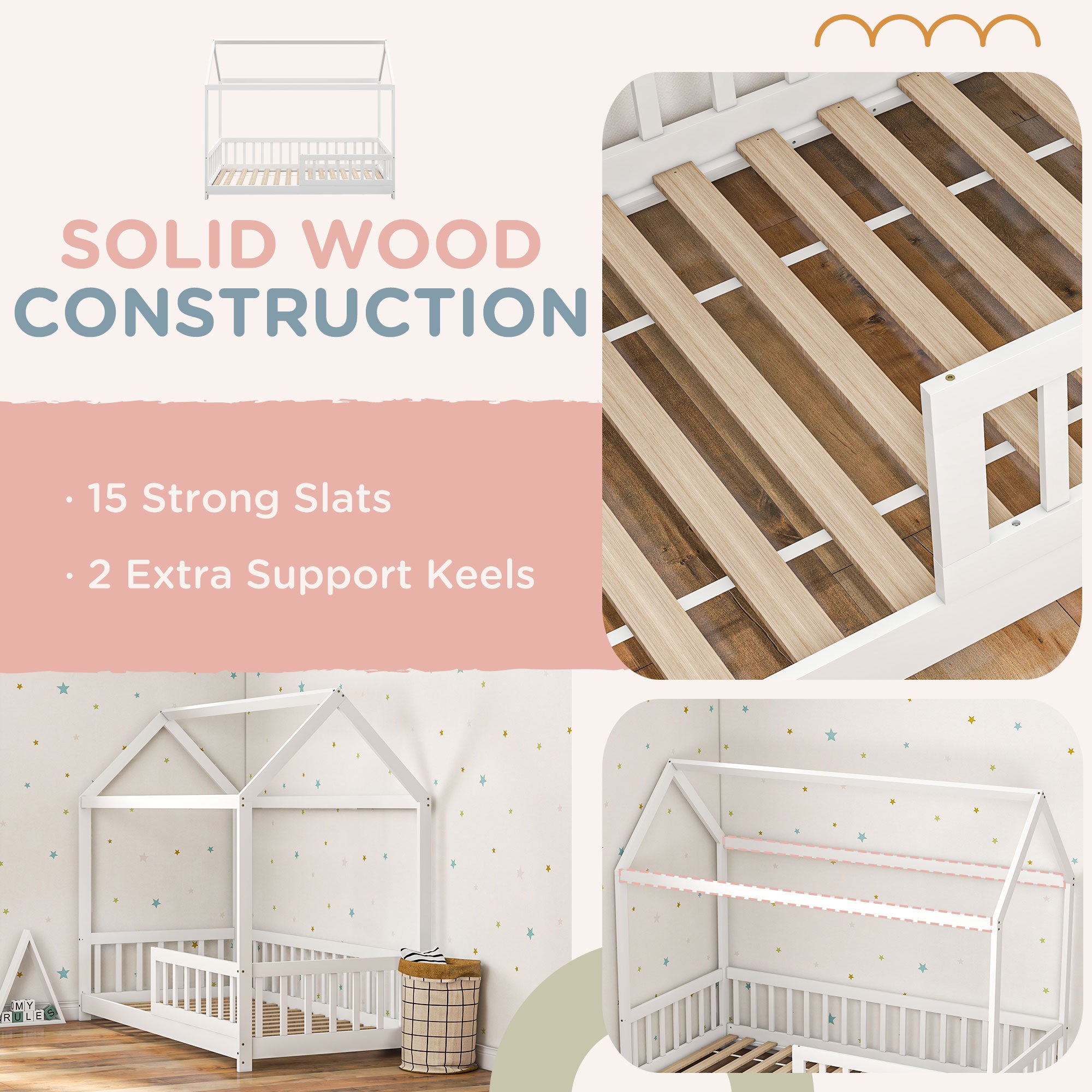 House-Shaped Kids Bed Frame with Safety Fence, Solid Pine Wood Single Bed Frame for Kids Boys and Girls