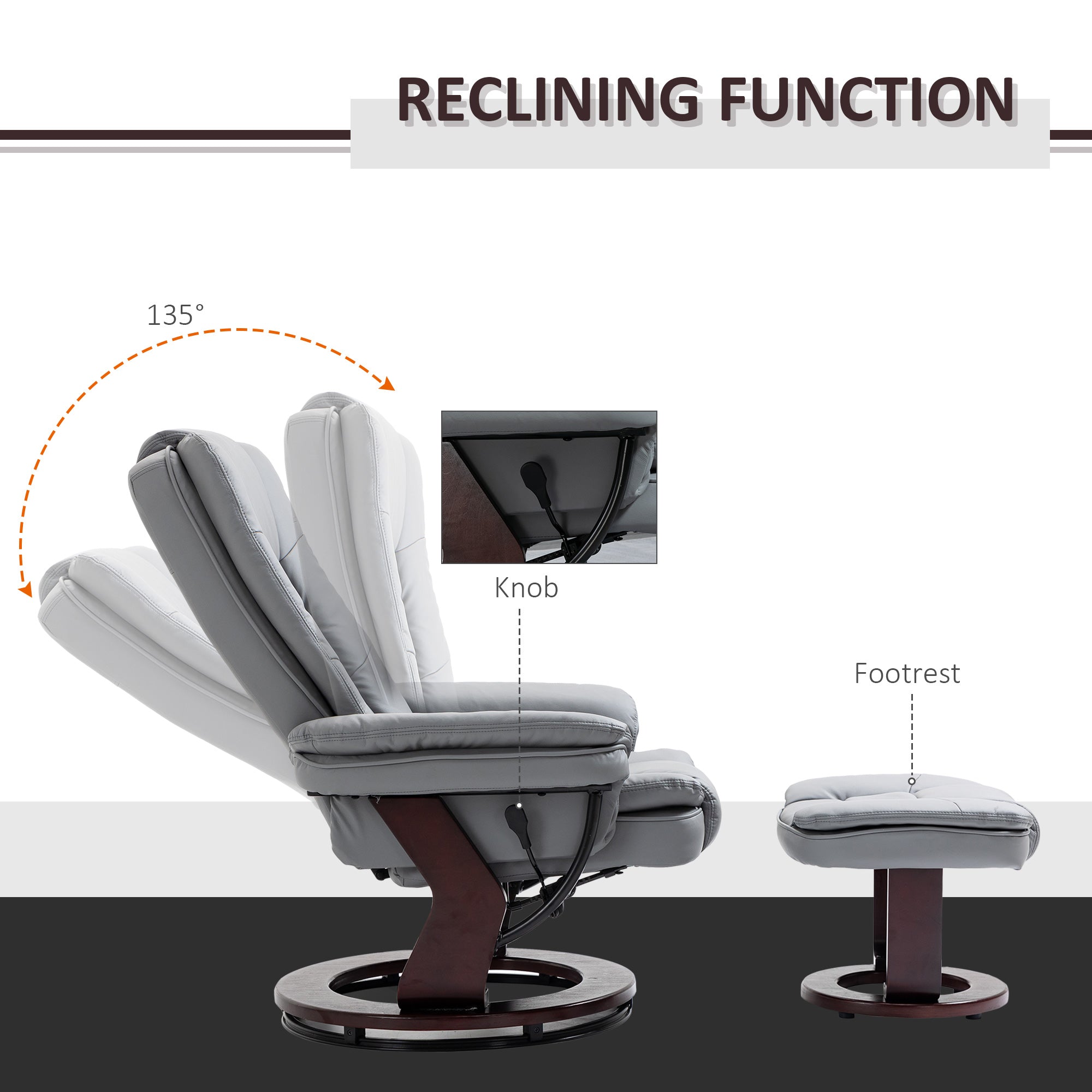 Recliner Chair With footstool, Recliner Armchair up to 130kg Weight Capacity, 135° Reclining Swivel Sofa Chair, PU Leather Ergonomic Couch Bed with Swivel Wood Base for Living Room, Grey