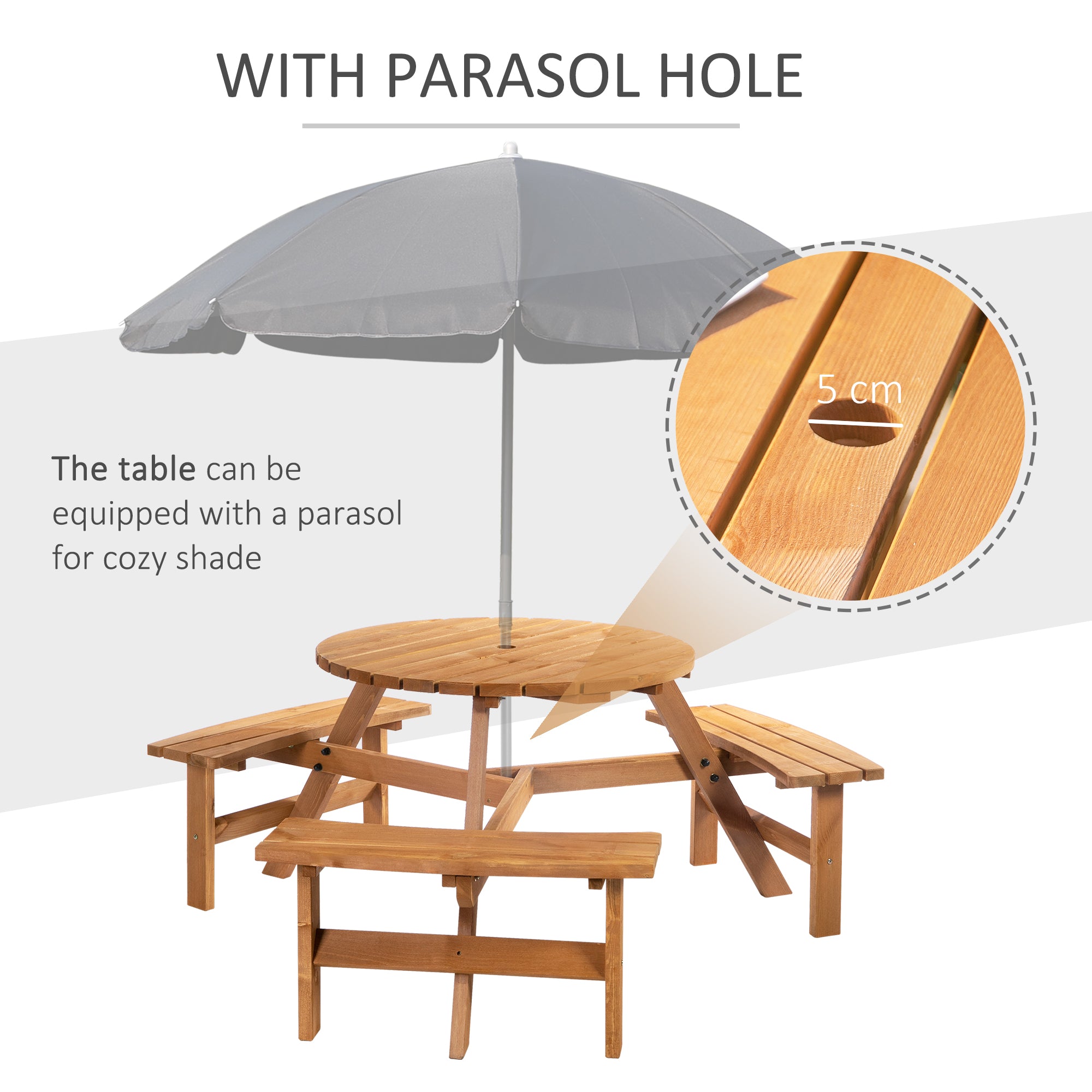 6 Seater Wooden Picnic Table and Garden Benches Set, Round Garden Dining Set with 3 Benches and Umbrella Hole Outdoor Garden Park, Brownish Red