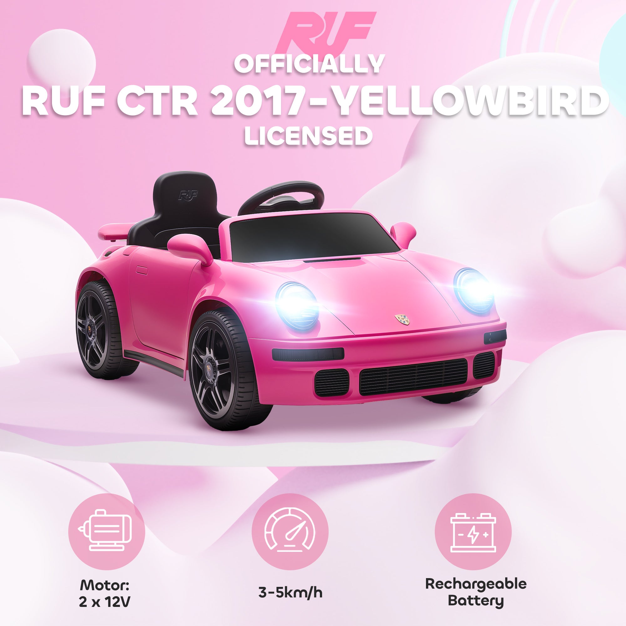 AIYAPLAY Licensed RUF CTR 2017-Yellowbird Electric Car for Kids, with Remote Control, Soft Start, MP3 Player, LED Lights, Pink