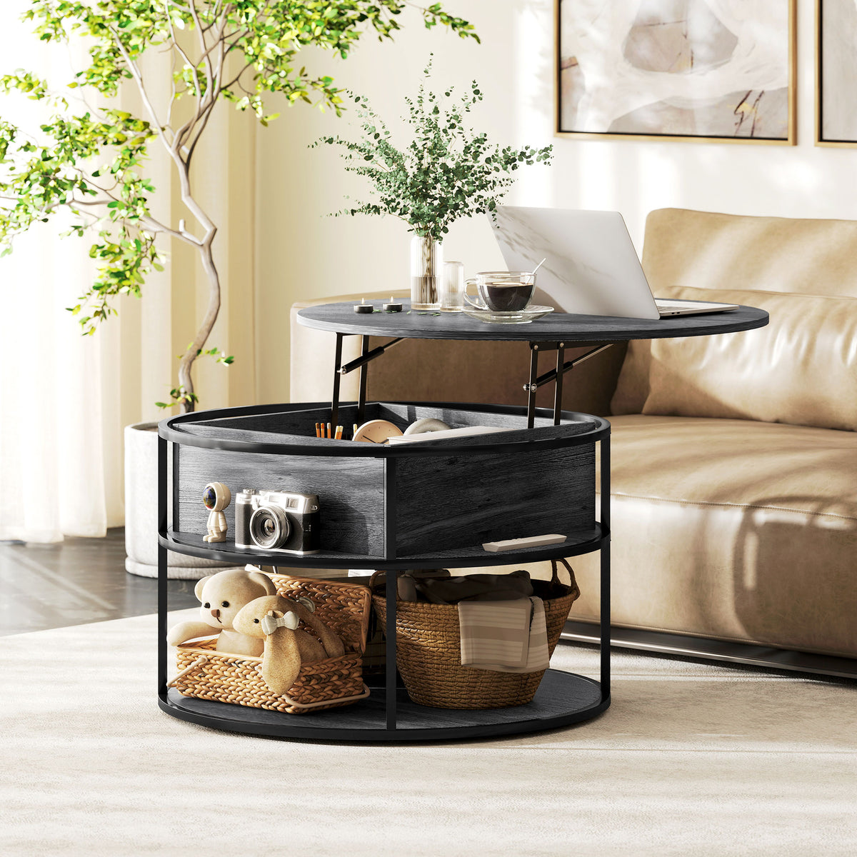 Lift Top Coffee Table, Round Coffee Table with Storage Shelf, Hidden Compartment and Steel Frame for Living Room, Home Office, Charcoal Grey