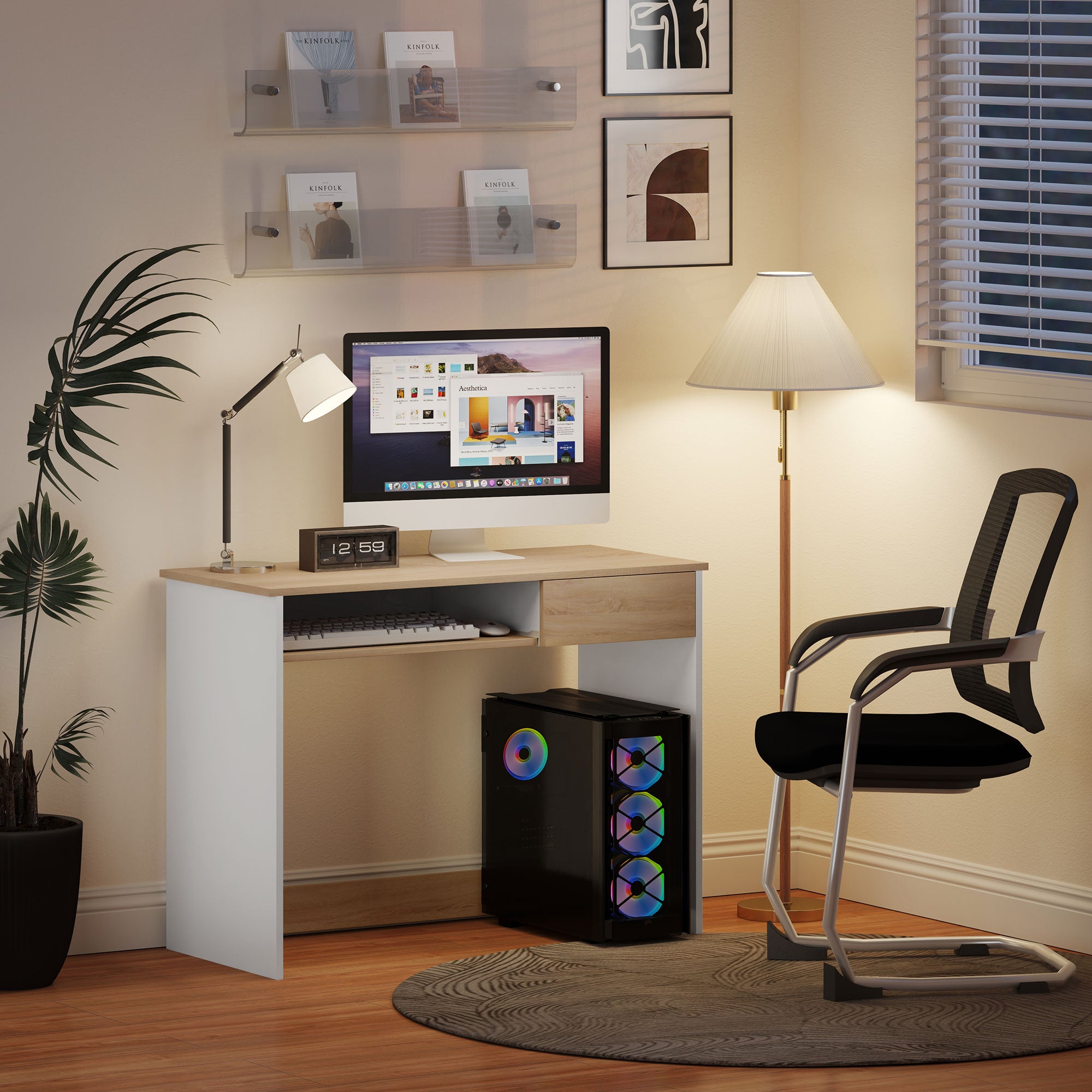 100cm Compact Computer Desk with Keyboard Tray, Home Office Desk with Drawer for Bedroom Study, Oak