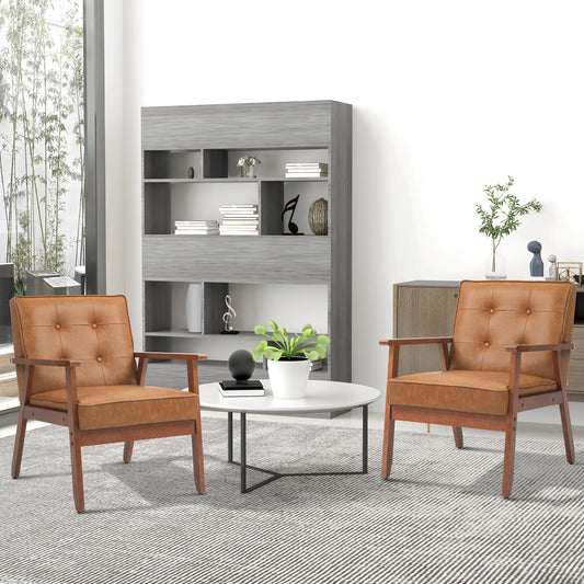 2 Pack Retro-Style Accent Chair, with Faux Leather Seat - Brown