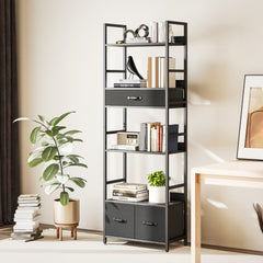 Fynco - Industrial Bookcase, 6-Tier Tall Bookshelf with 3 Fabric Drawers - Grey
