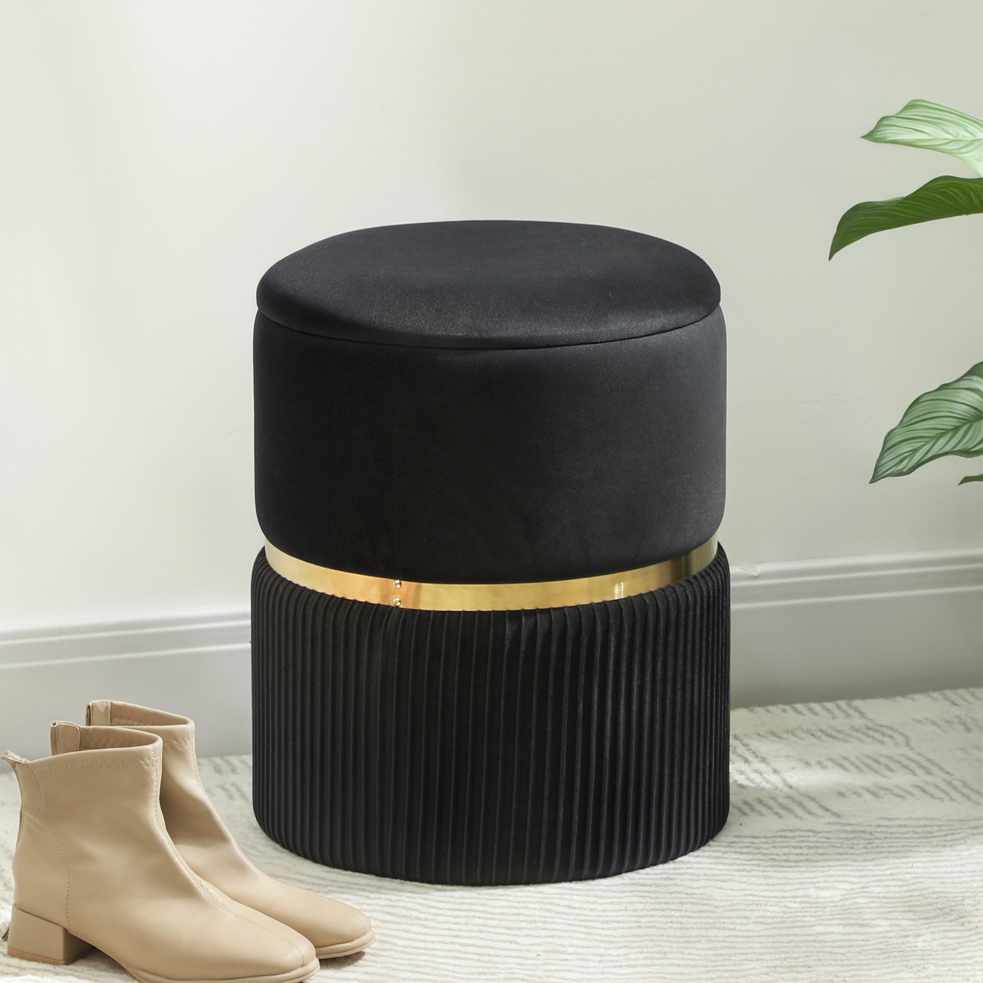 Fynco - Velvet-Feel Storage Ottoman - Black