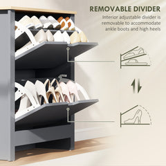 Fynco - Slim Shoe Cabinet, Narrow Shoe Cupboard with 2 Flip Drawers, Adjustable Shelves for 12 Pairs of Shoes, Charcoal Grey