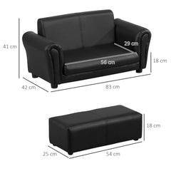 Kids Sofa Bed Kids Twin Sofa Toddler Chair 2 Seater Kids Twin Sofa Chair Boys Girls Couch w/ Footstool (Black)