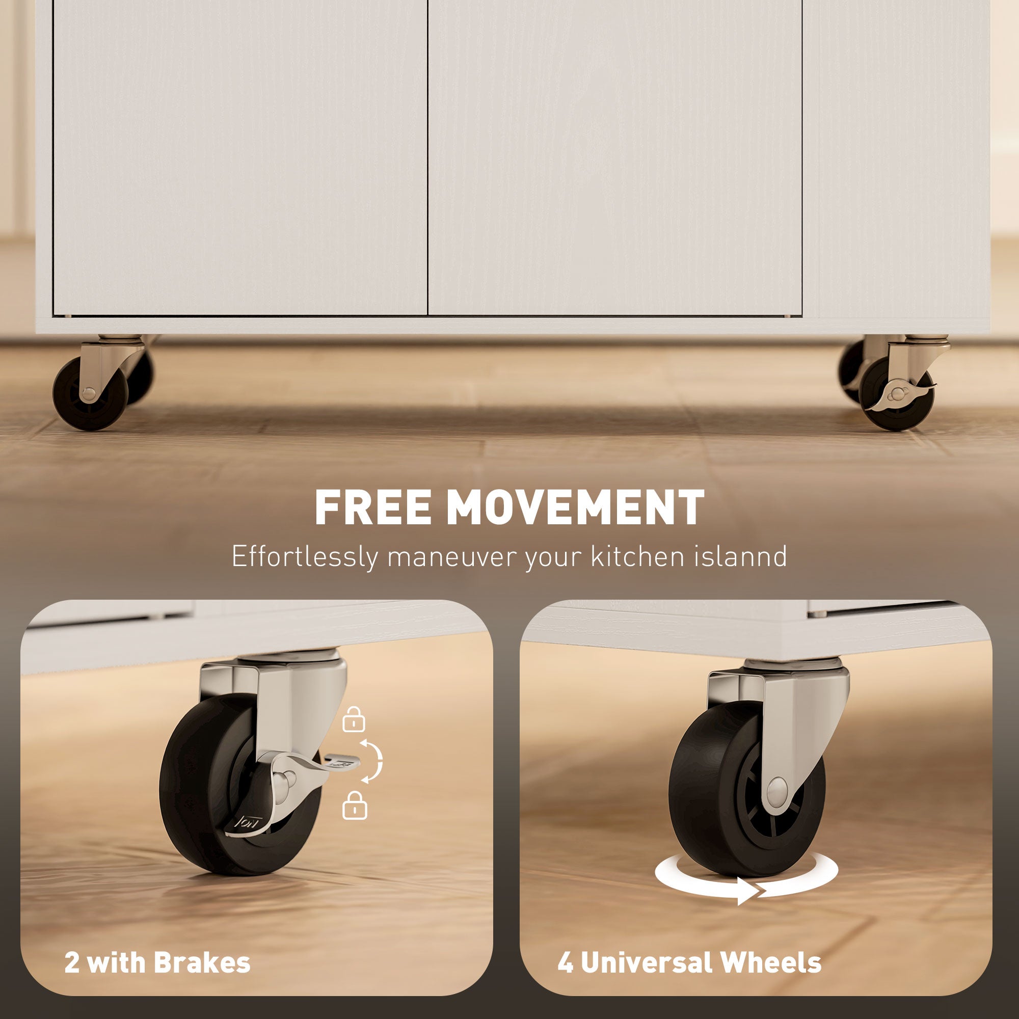 Fynco - Rolling Kitchen Island with 3-Tier Spice Rack, Kitchen Storage Cart with Drawer and Towel Rack, White
