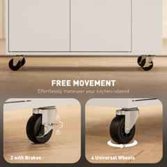 Fynco - Rolling Kitchen Island with 3-Tier Spice Rack, Kitchen Storage Cart with Drawer and Towel Rack, White