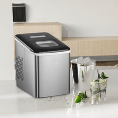 Ice Maker Machine Countertop, 9 Ice Cubes in 8 Mins, 12KG in 24Hrs, Self-Cleaning Portable Ice Cube Maker with Ice Scoop and Basket, Stainless Steel, No Plumbing Required, Black