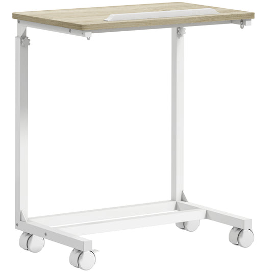 C-Shaped Sofa Side Table, Height Adjustable Overbed Table with Tilting Desktop, Mobile Laptop Desk for Living Room Bedroom, Oak and White