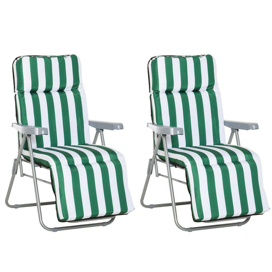 Fynco 2 Pieces Outdoor Sun Lounger Set with Cushions, Patio Folding 5-Level   Adjustable Backrest Recliner Chairs Set of 2 with High Backrest and Armrests, Green & White