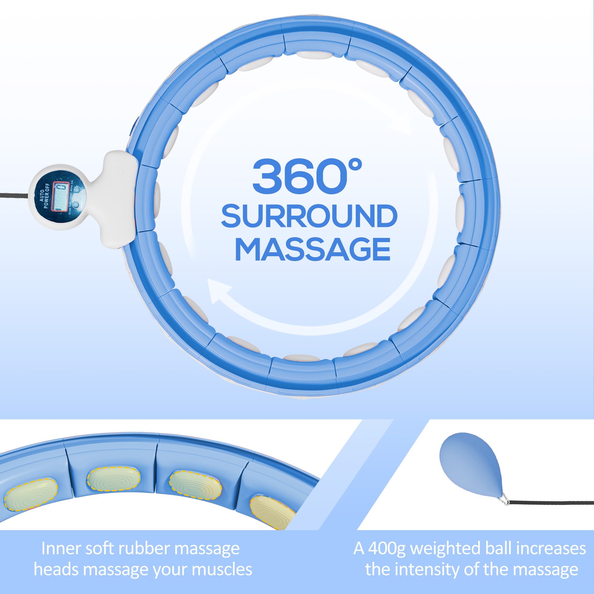SPORTNOW Smart Weighted Hula Hoop, Massage Hula Ring w/ 16 Detachable Knots, 360° Auto-Rotating Ball, Digital Counter Light Blue