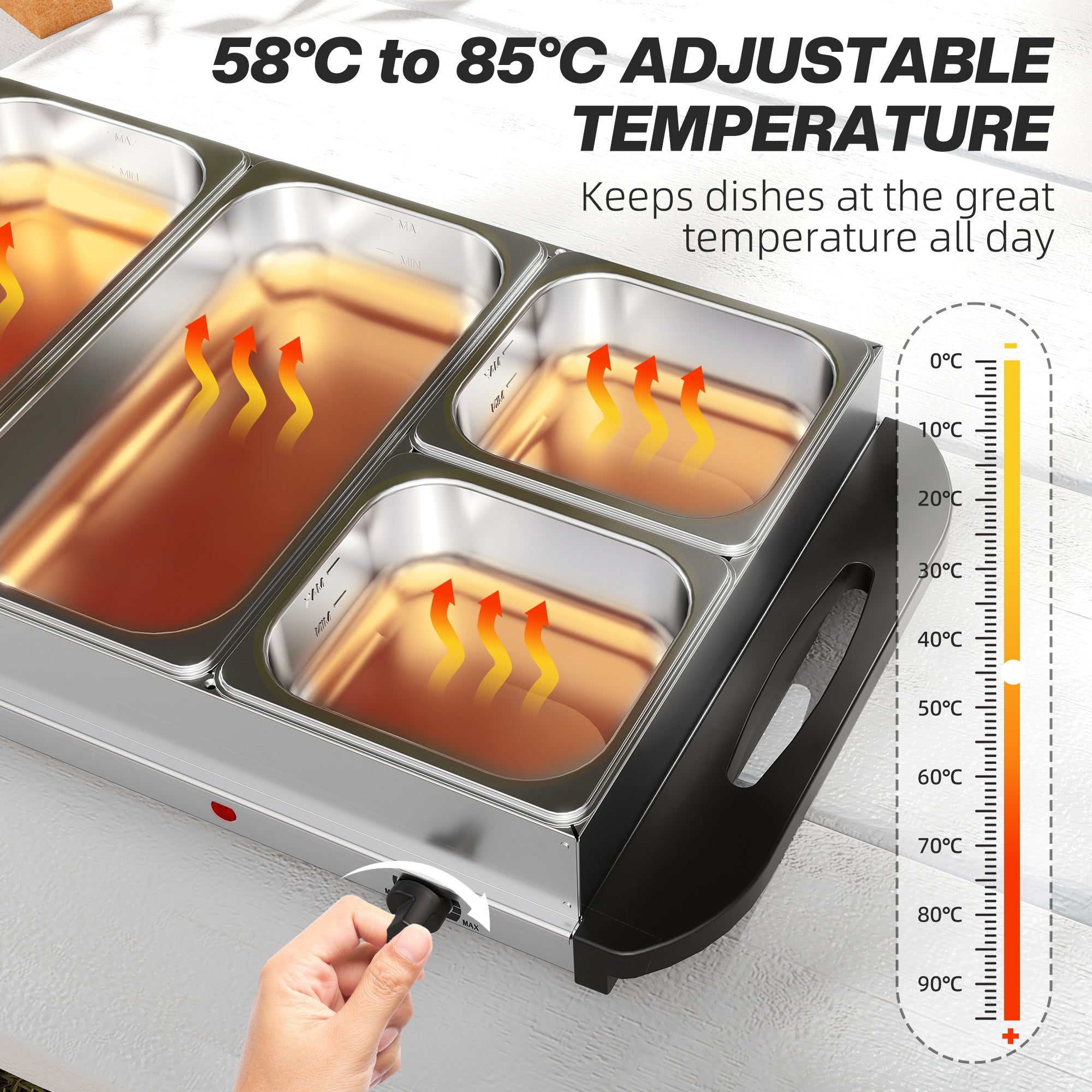 Electric Food Warmer 5 Tray, 9.2L Portable Buffet Server and Warming Tray with Lids, Adjustable Temperature Control and Cool Touch Handles, 450W, 3 x 2.4L and 2 x 1L, Silver Tone