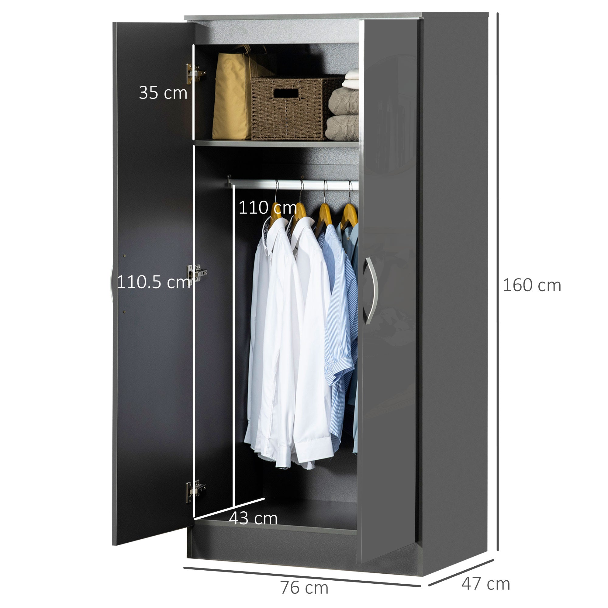 High Gloss Wardrobe, 2 Door Wardrobe with Hanging Rod and Storage Shelf, Clothes Storage Organizer with Anti-tipping Design for Bedroom, Grey