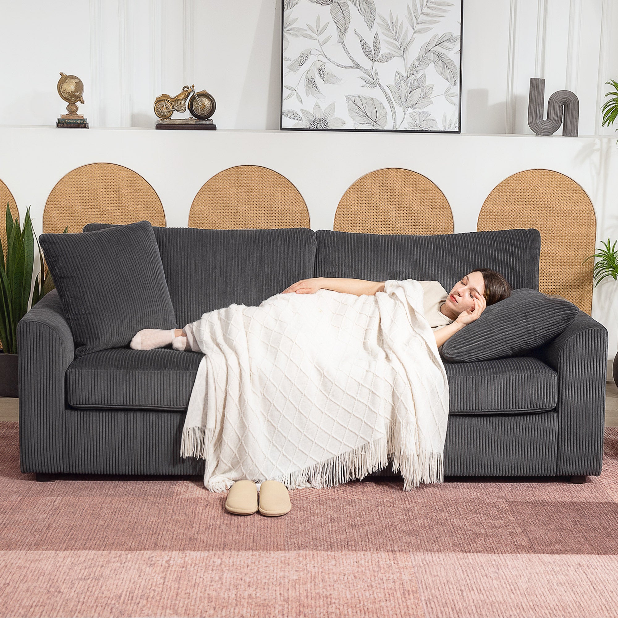 Modern 3 Seater Sofa with Spring Cushion, 212 cm Fabric Jumbo Cord Sofa Couch with 2 Scatter Cushions, Upholstered Corduroy Settee for Living Room, Bedroom, Home Office, Grey