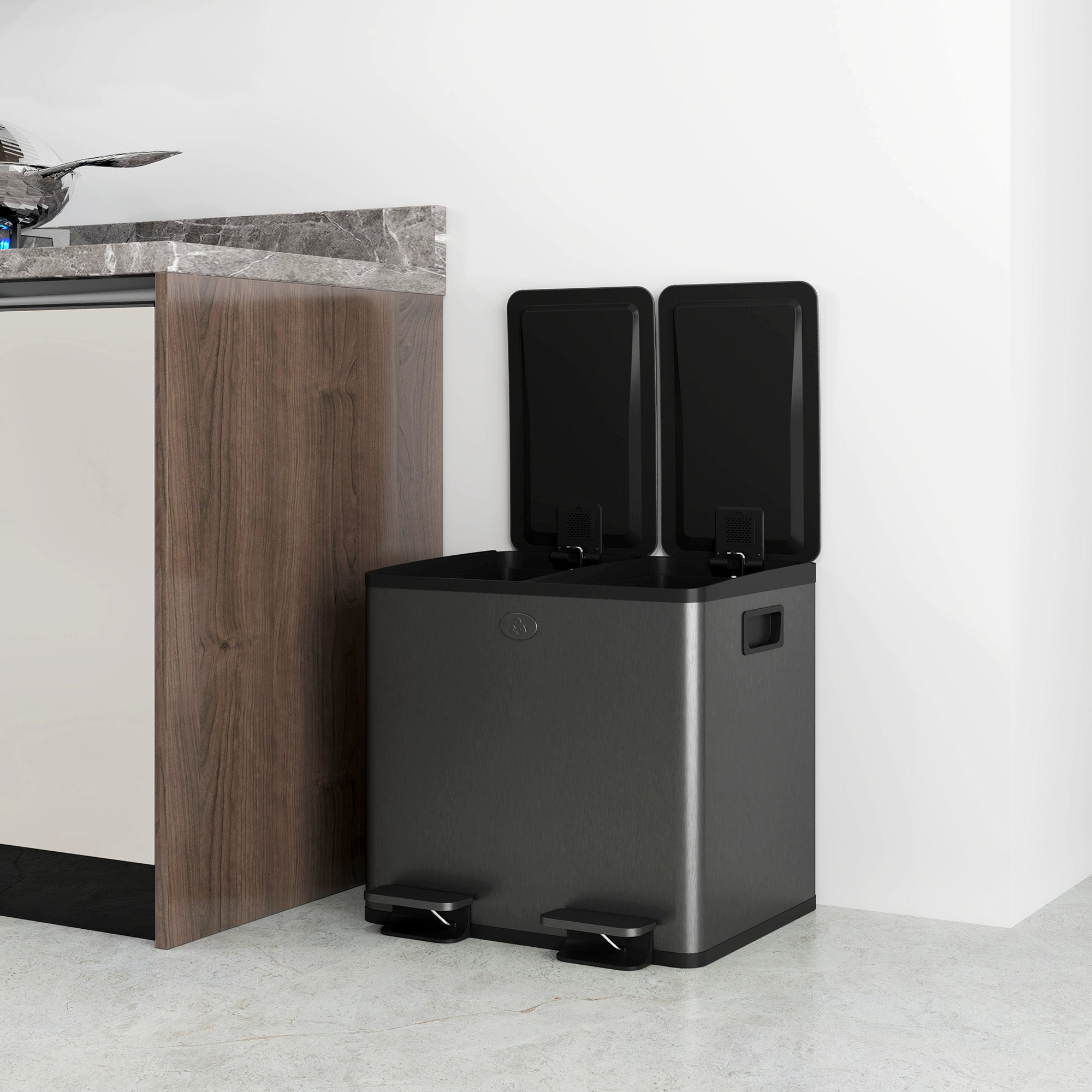 Fynco - 30L Dual Compartment Stainless Steel Bin, with Deodoriser Holders - Black