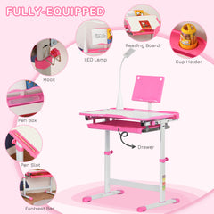 Kids Study Desk and Chair Set w/ Adjustable Height, Storage, Drawer, Pink