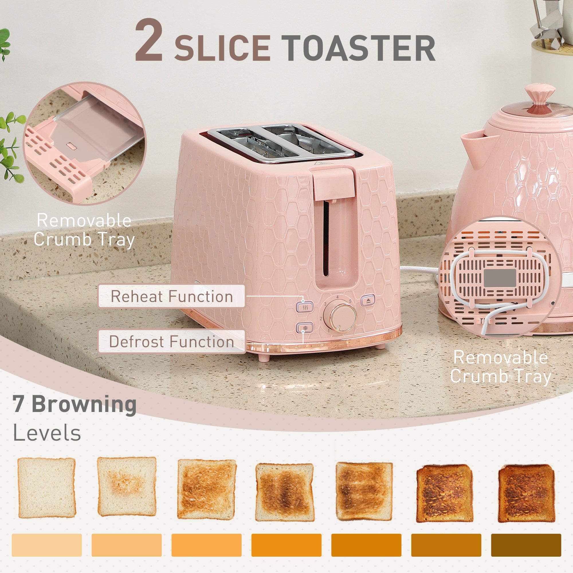 1.7L 3000W Fast Boil Kettle & 2 Slice Toaster Set, Kettle and Toaster Set with Auto Shut Off, Browning Controls, Light Pink