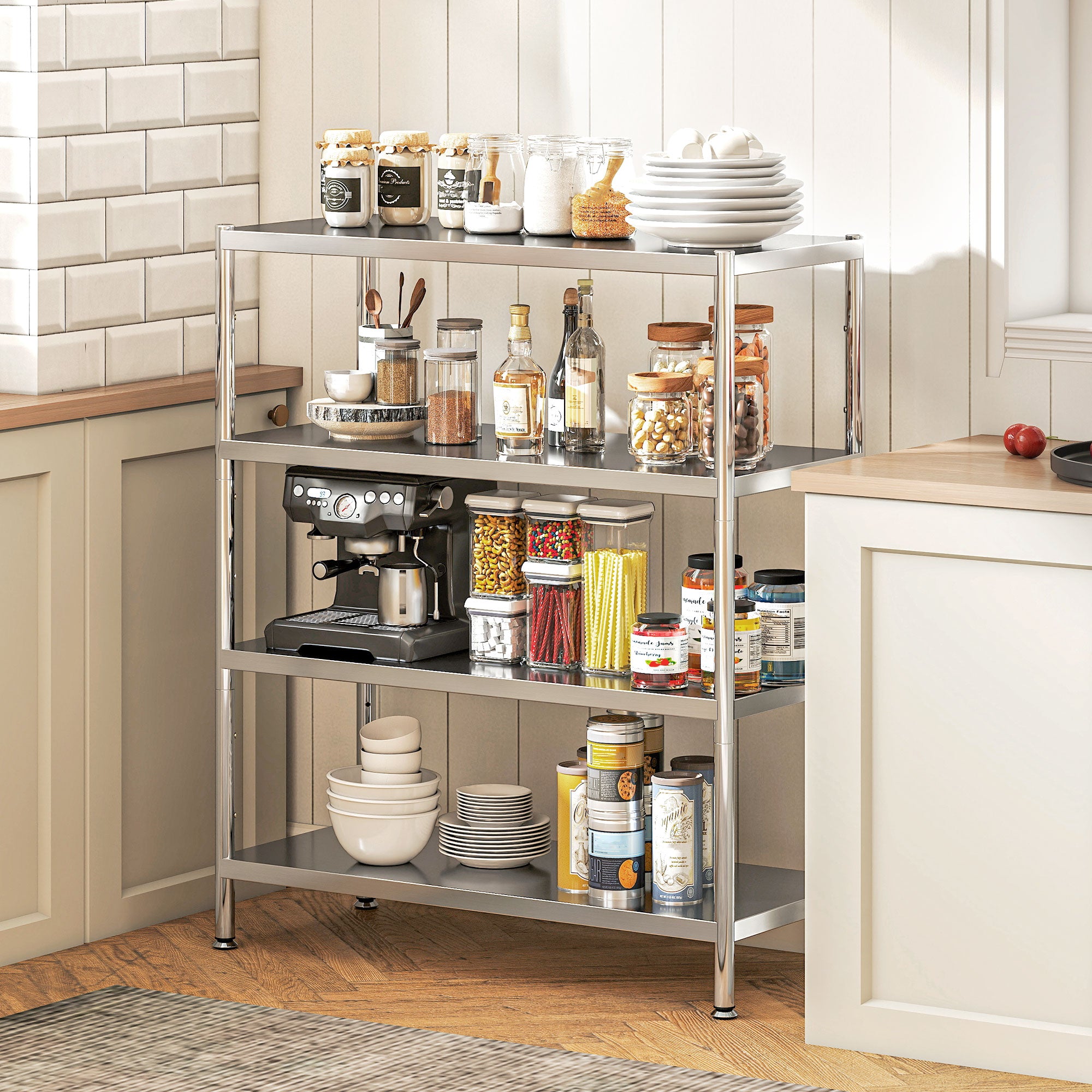Fynco - 4-Tier Bakers Rack with Storage, Stainless Steel Microwave Stand with Adjustable Shelves for Small Spaces, Kitchen Storage Unit for Spices, Pots and Pans, Silver Tone