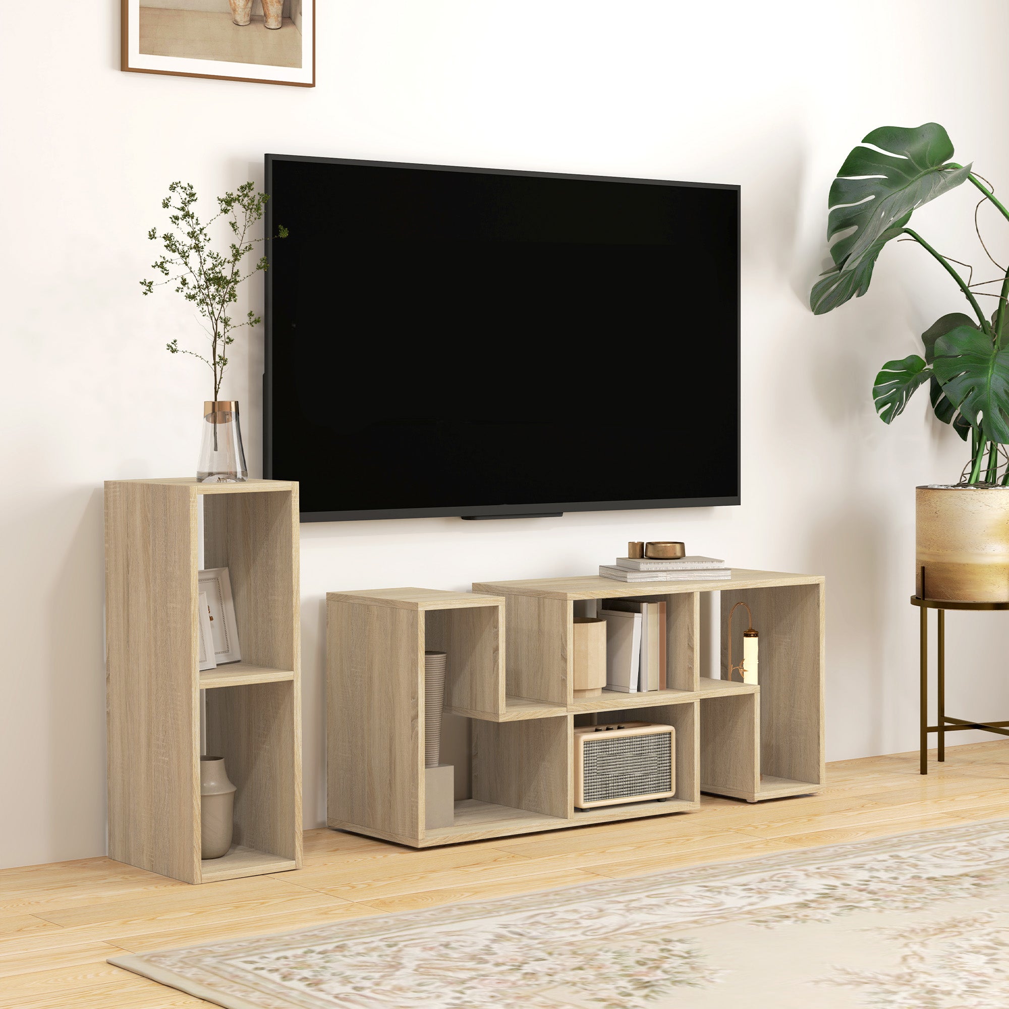 TV Stand for TVs up to 75 Inches, Free Combination TV Unit with Storage Shelves, Extendable Entertainment Centre for Living Room, Grey Oak Wood Grain