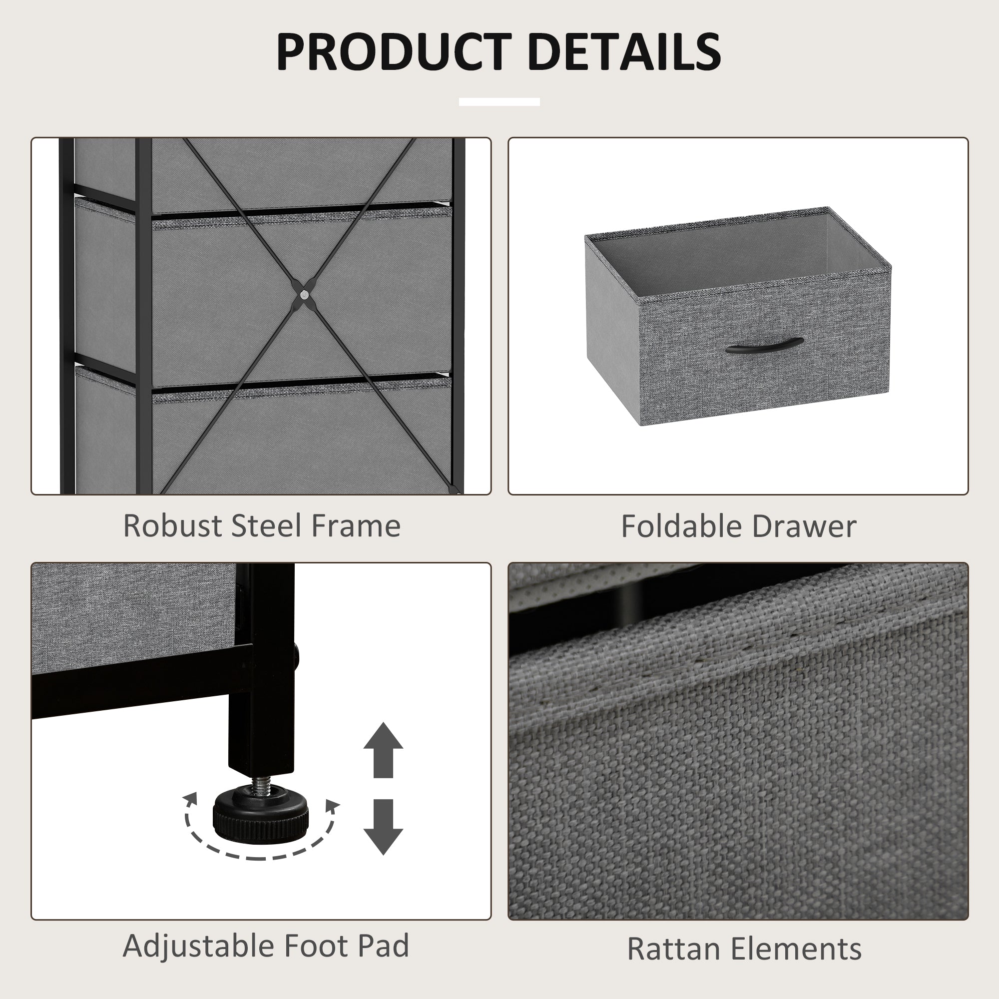 Fabric Chest of Drawers, Industrial Bedroom Dresser with 5 Fabric Drawers, Steel Frame and Wooden Top for Nursery, Living Room, Hallway, Rustic Brown and Grey