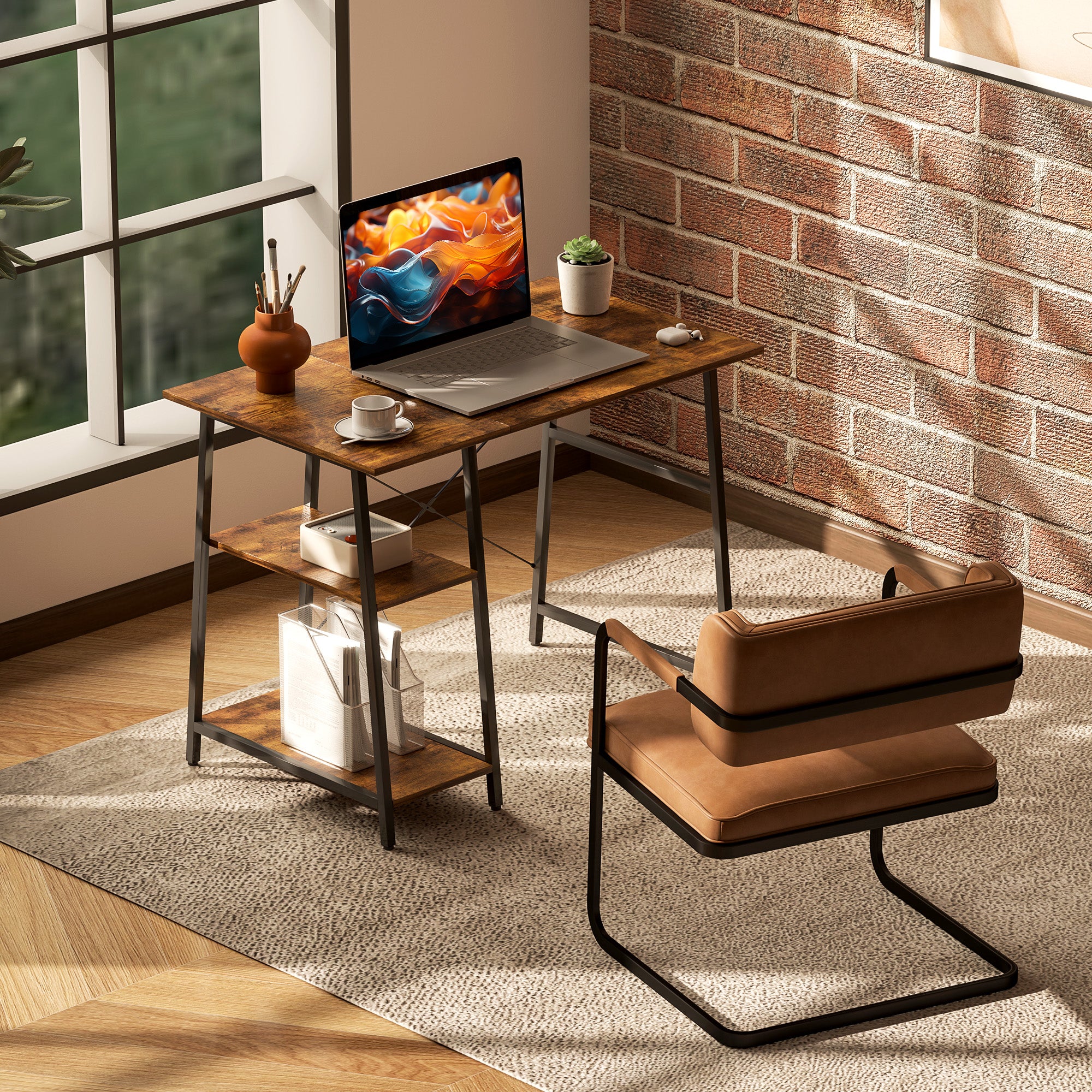 100cm Computer Desk with Storage, Industrial Home Office Desk with 2 Tier Shelves and Steel Frame, Computer Table for Study Room, Rustic Brown