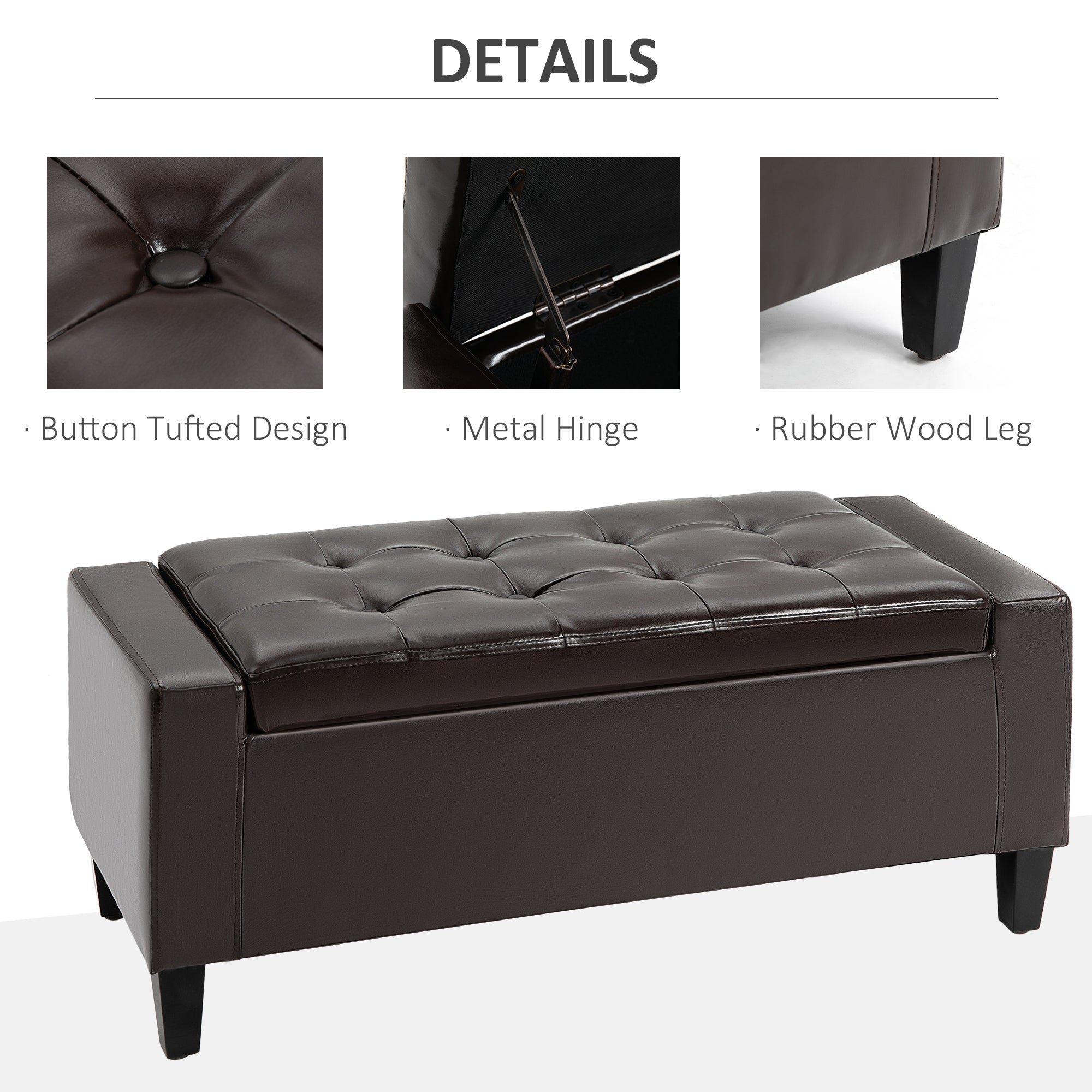 PU Leather Storage Ottoman Bench Storage Chest Tufted Ottoman Cube w/ Flipping Top 92L x 40W x 40H cm Brown