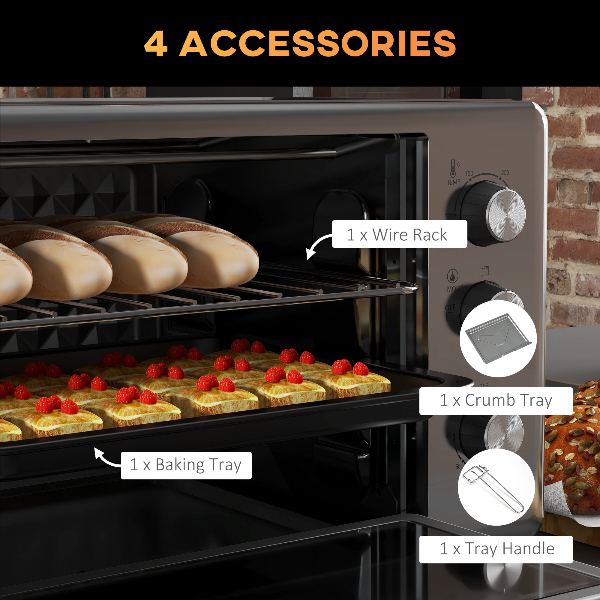 30L 60-230℃ Mini Electric Oven, with Accessories - Silver Tone