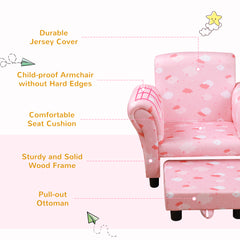 Toddler Chair Children's Armchairs Wood Frame w/ Footrest Anti-Slip Legs High Back Arms for Bedroom Playroom Cute Cloud Star Pink