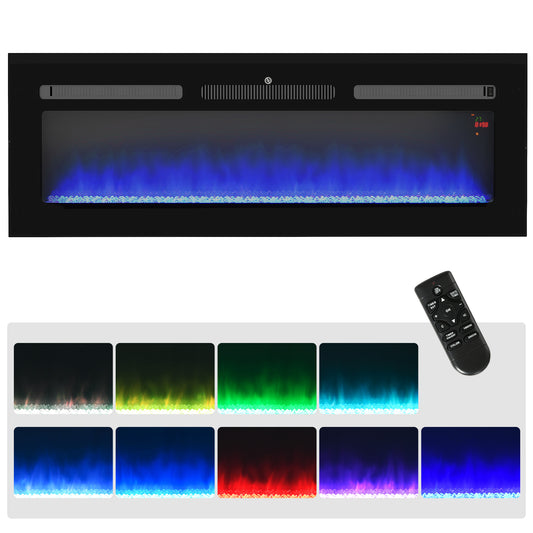 Fynco - 127cm/50" Electric Fireplace, 2000W Recessed and Wall Mounted Electric Fire with Remote Control, 9 Flame Colour and Crystal, Black