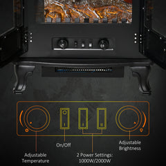 Fynco - Electric Fireplace Stove Heater with LED Fire Flame Effect, Double Door, Freestanding & Portable with Overheat Protection, 1000W/2000W, Black