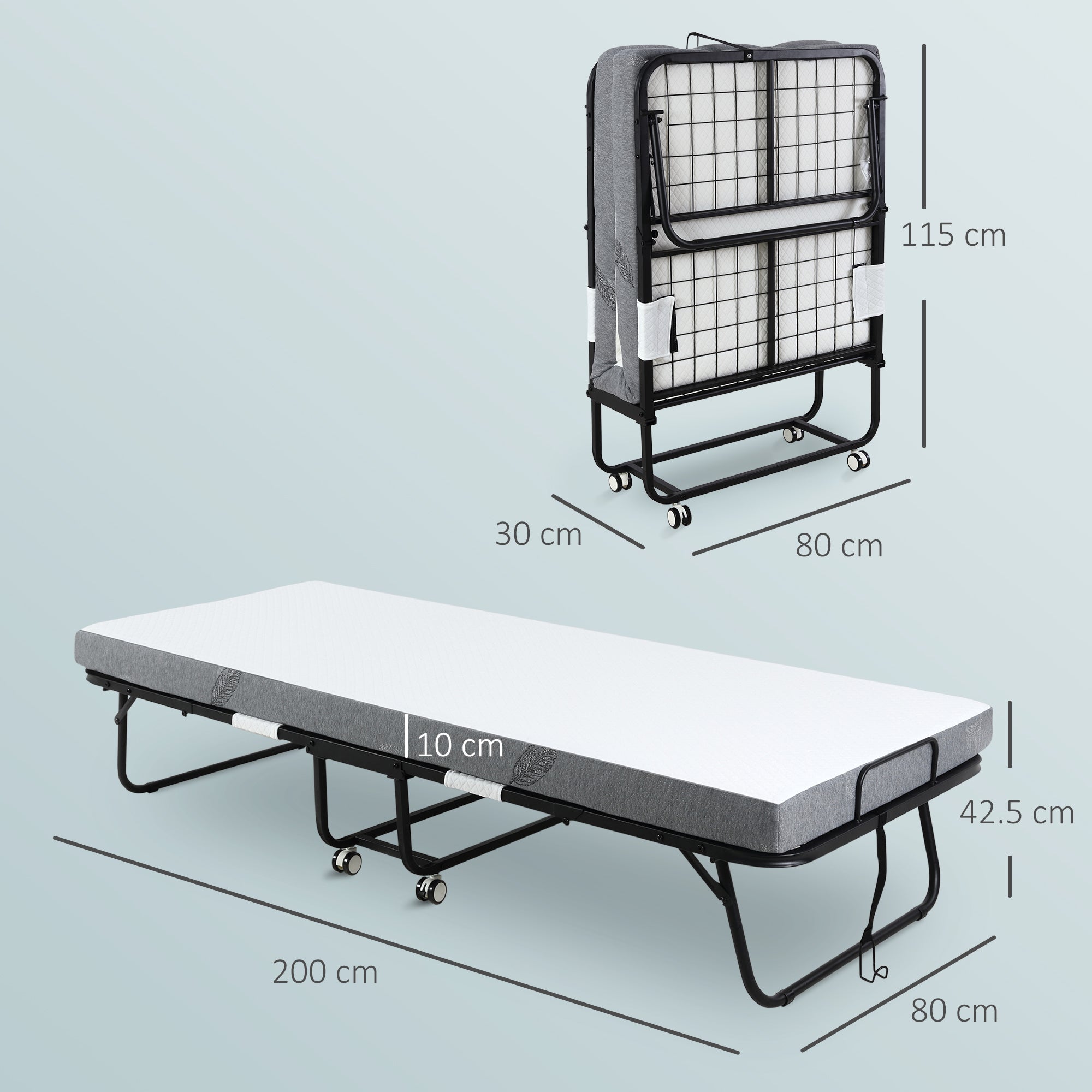 Folding Bed with 10cm Mattress, Portable Foldable Guest Bed with Sturdy Metal Frame on Wheels