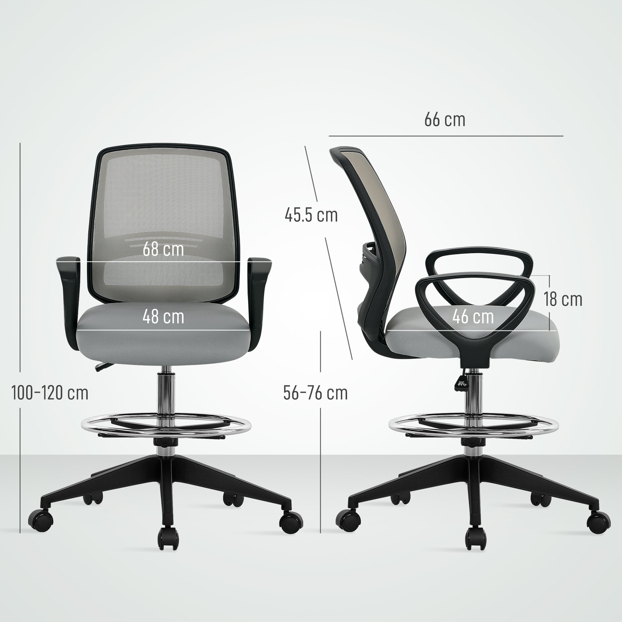 100-120cm Draughtsman Office Chair, with Footrest - Light Grey