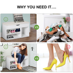 Fynco - Wooden Shoes Cabinet Bench Hidden Storage Padded Seat Organiser Footwear Rack Hallway White 80 x 30 x 47 cm