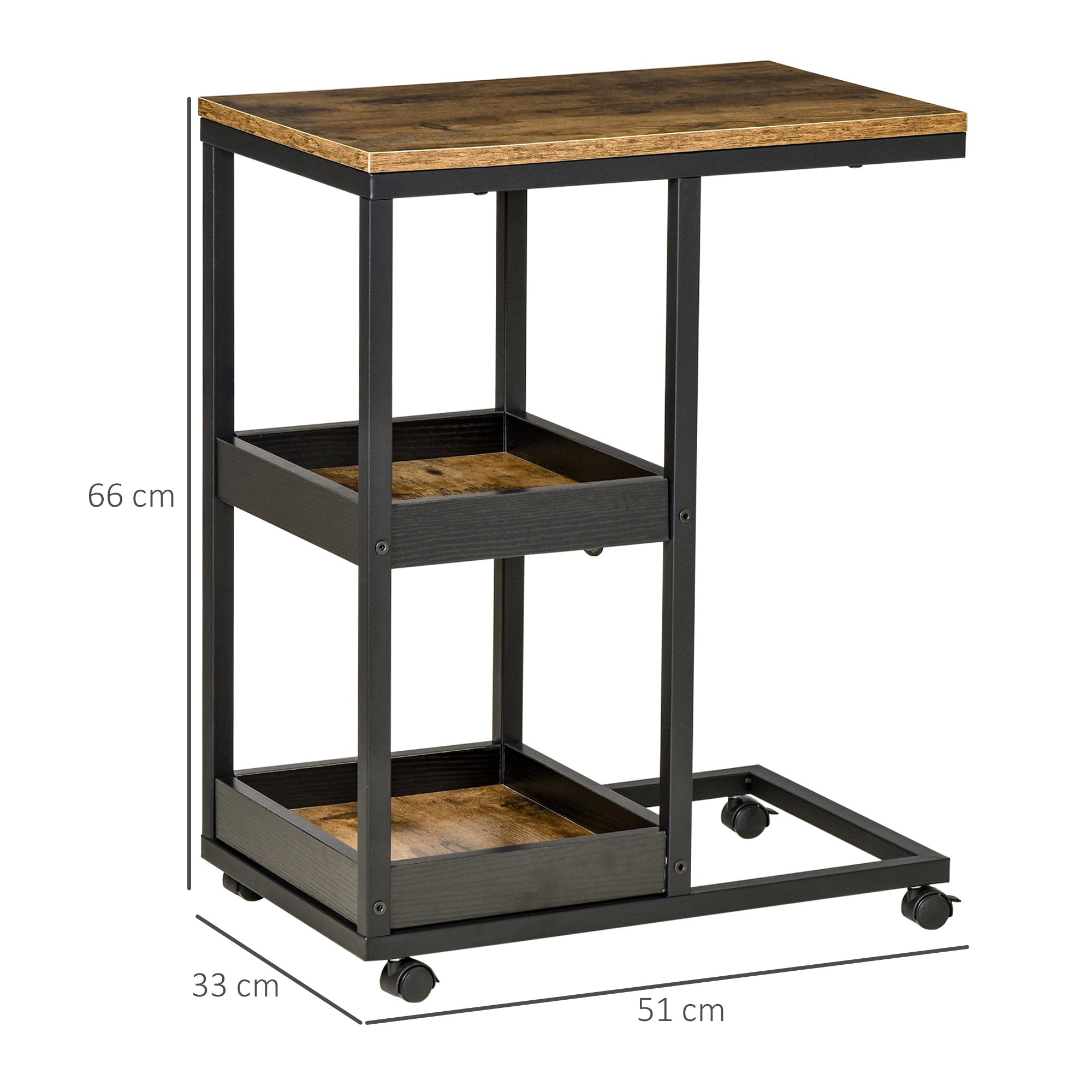 Mobile Sofa Side Table Set of 2, Industrial C-Shaped Rolling Couch Table with 3-Tier Storage Shelving Four Lockable Wheels Steel Frame, Dark Brown