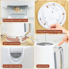 Kettle and Toaster Set, 1.7L 3000W Fast Boil Kettle & 2 Slice Toaster Kitchen Set with 6 Level Browning Controls, Defrost, Reheat, White